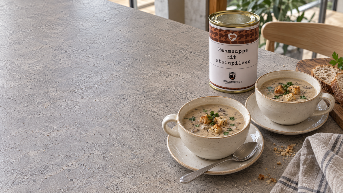Suppentassen mit cremiger Steinpilzsuppe, knusprigen Croûtons und Petersilie neben der Dose von Manufaktur U auf einem hellen steinernen Cafétisch (AI Generated)