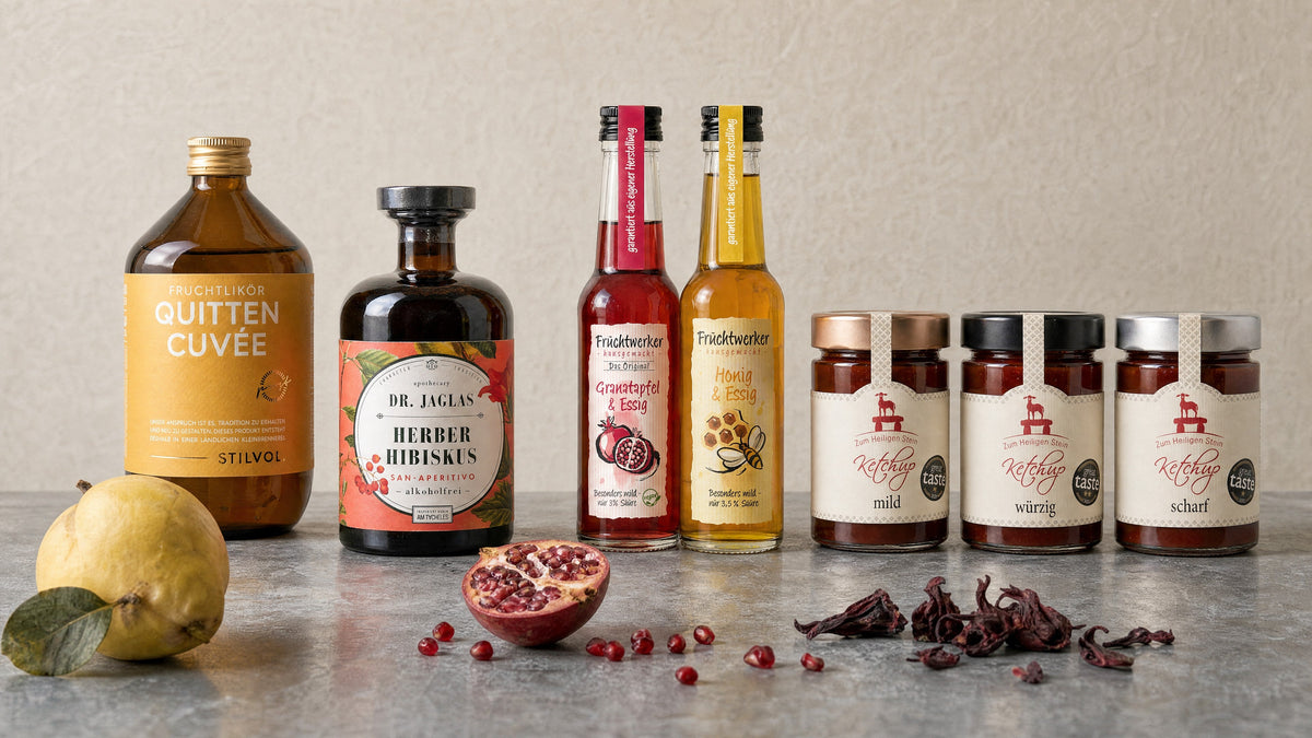 Quitten-Likör, Hibiskus-Aperitif, Fruchtessige und Ketchup-Set mit Streichpreis