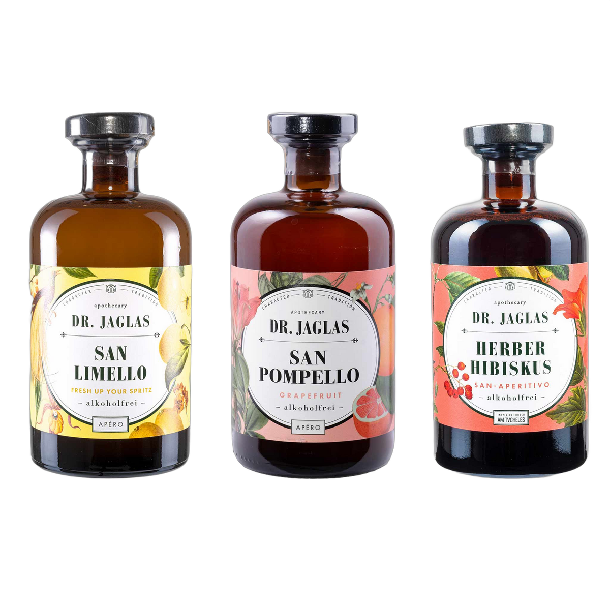 Dr. Jaglas Aperitif Trio alkoholfrei – San Limello, Herber Hibiskus, San Pompello