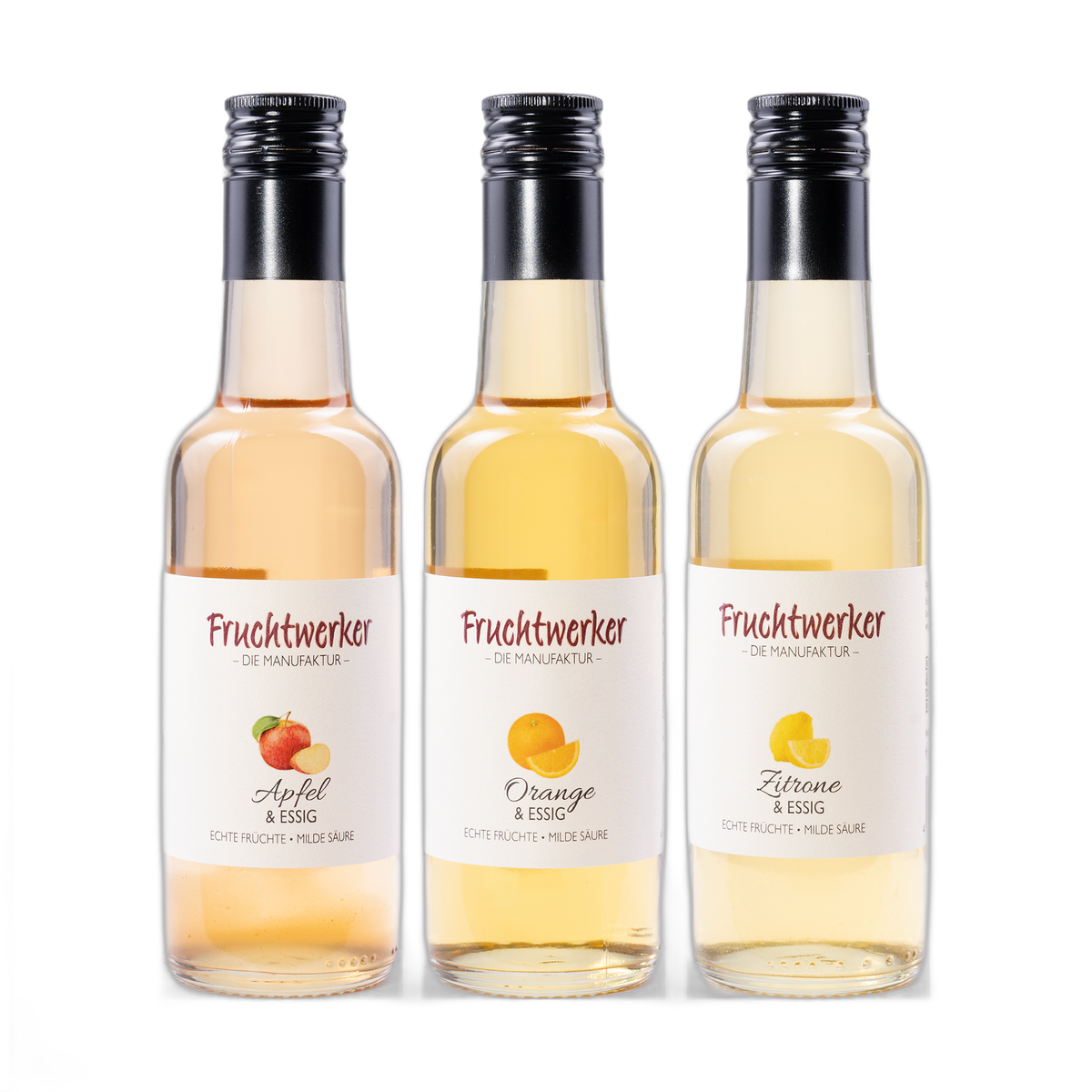 Fruchtwerker Probierpaket gelb – Apfel, Orange und Zitrone & Essig, 3 × 250 ml