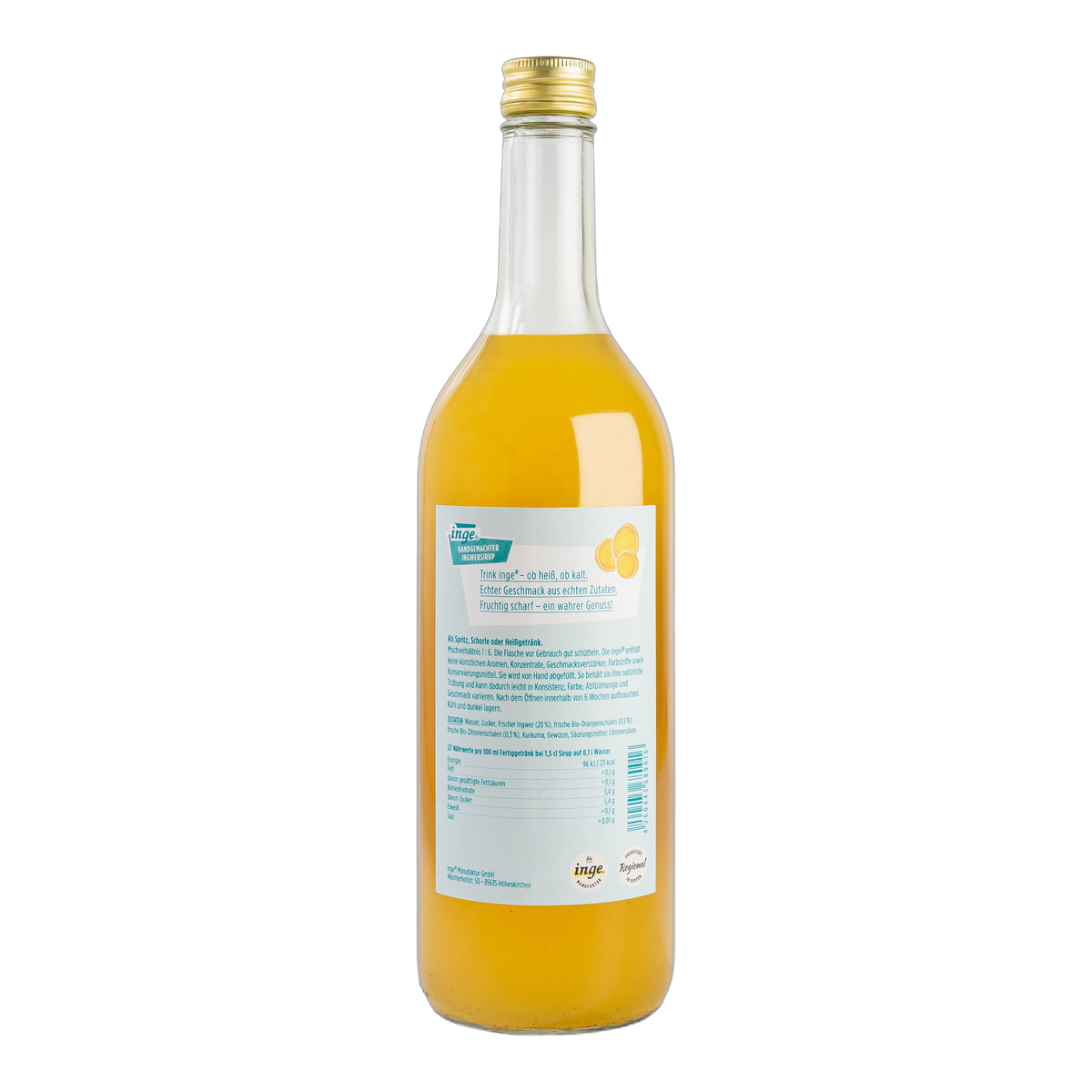 inge Ingwersirup 700 ml, Rückseite mit Zutaten