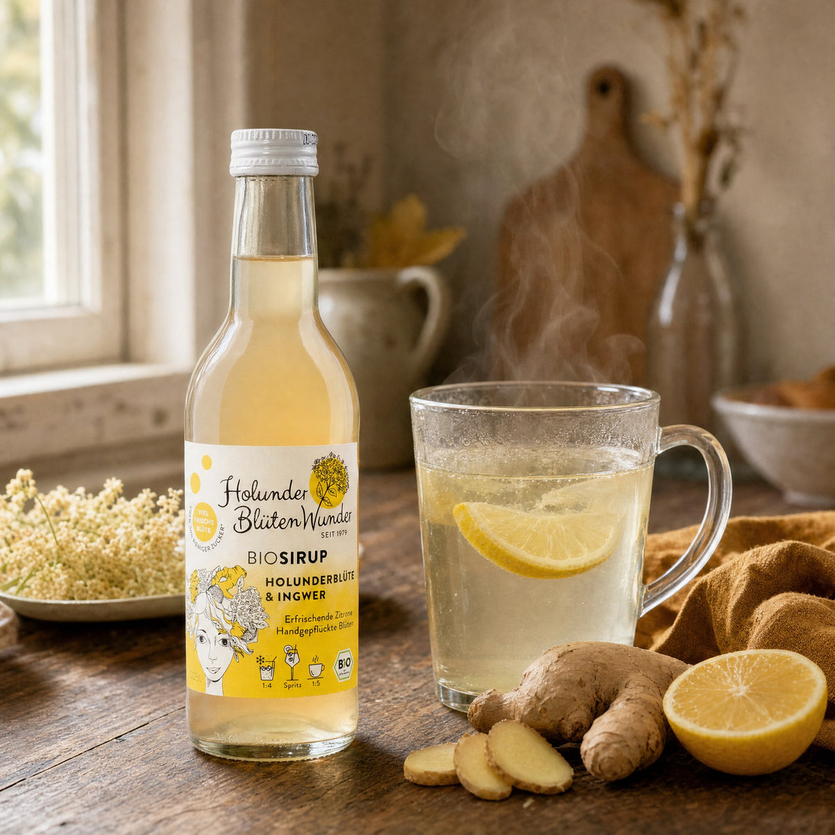 HolunderBlütenWunder Bio-Sirup Holunderblüte & Ingwer mit einem heißen Glas Ingwer-Holunder, Ingwerwurzel und Zitrone