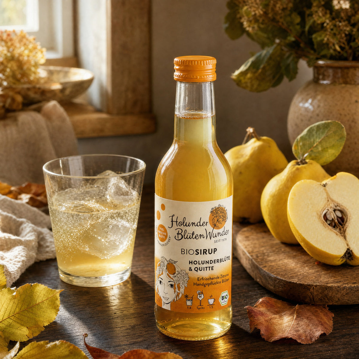 HolunderBlütenWunder Bio-Sirup Holunderblüte & Quitte mit einer Schorle, reifen Quitten und Herbstlaub